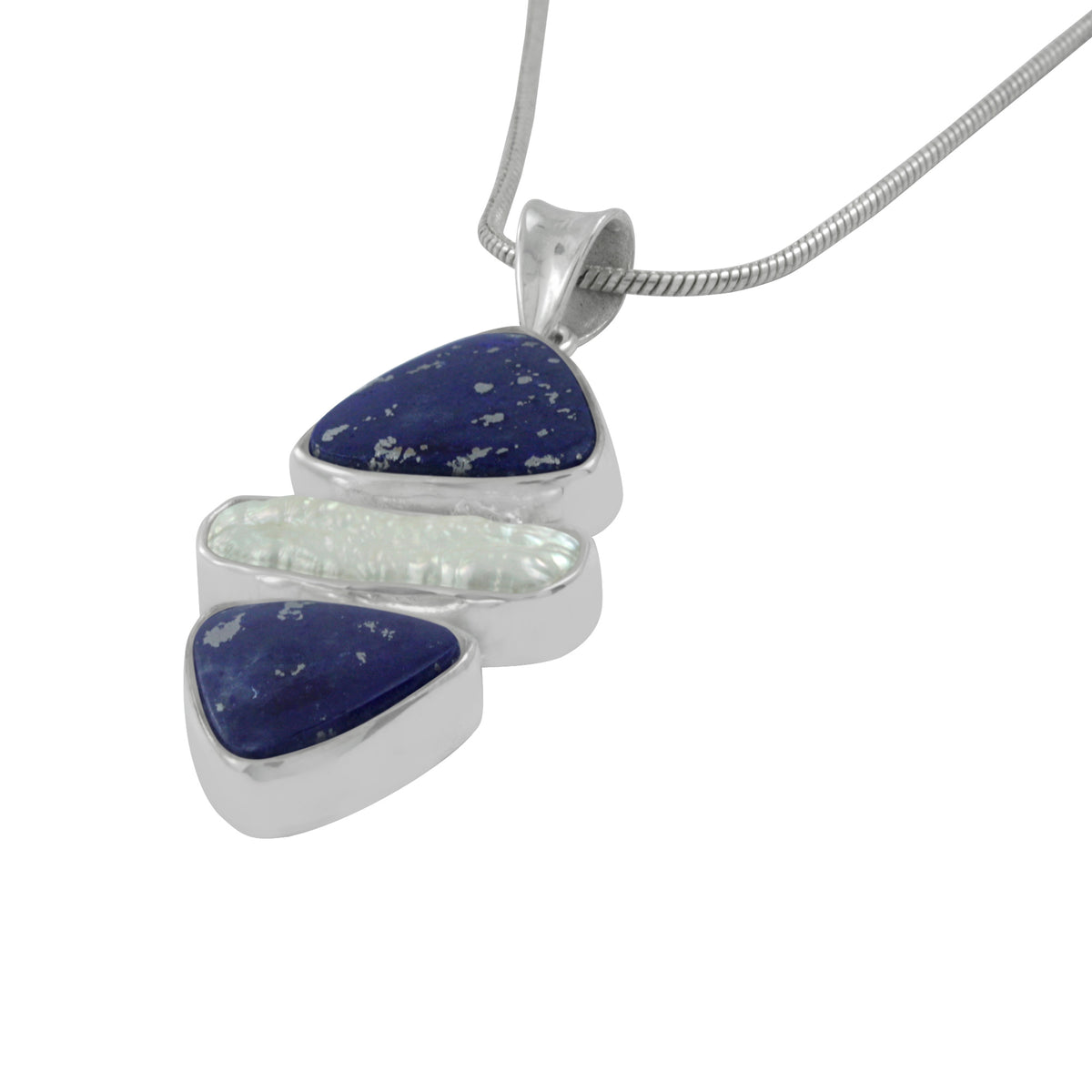 Silver Pendant With 2 Lapis Tri Angle And Pearl Biwa