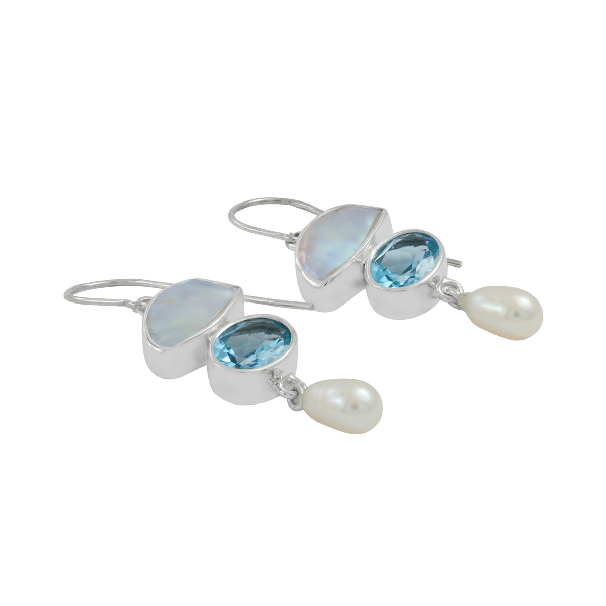 Silver Earring With Pearl White Keishi, Amethyst Oval, Pearl Drop