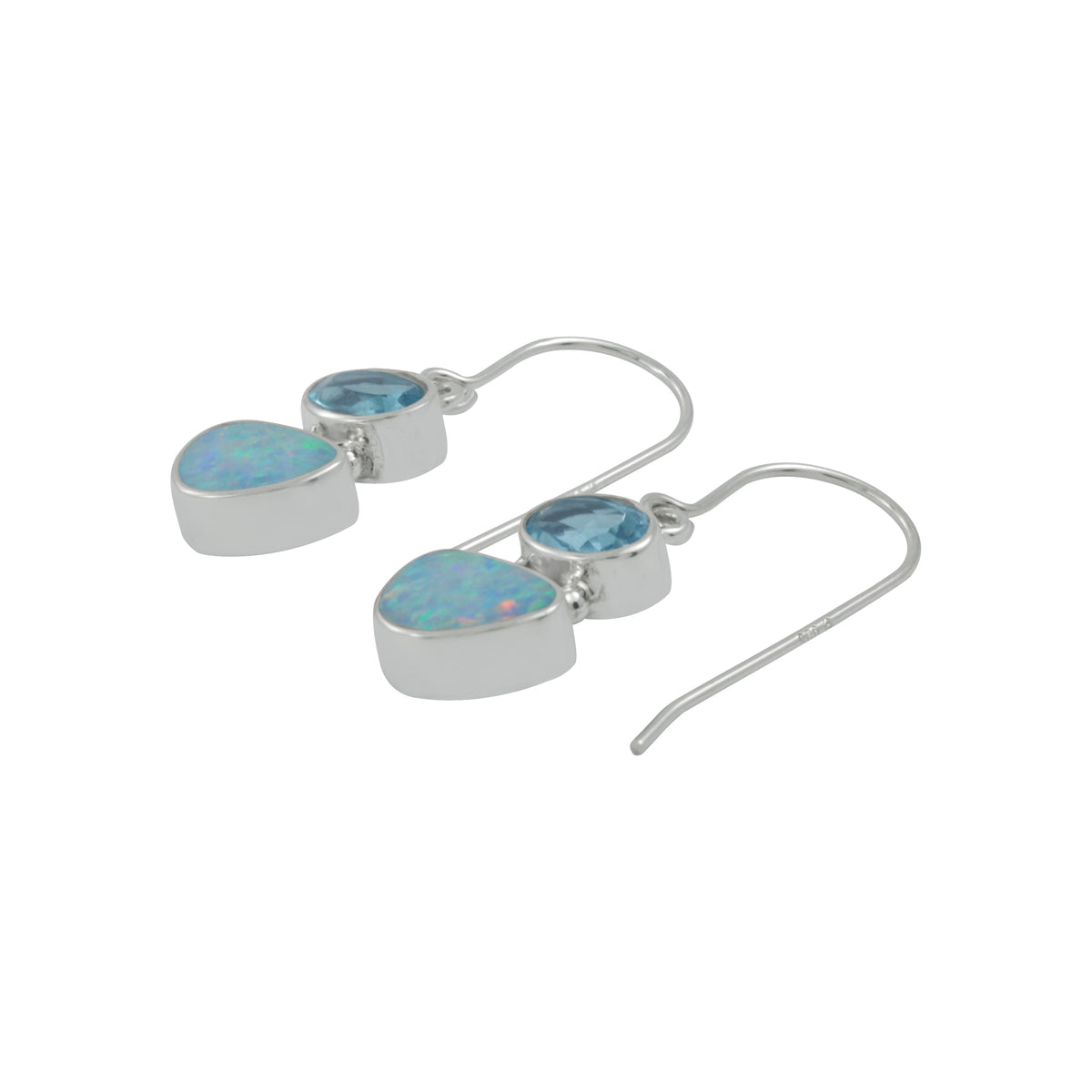 Silver Earring With Blue Topaz Oval Facet, Opal Free Form