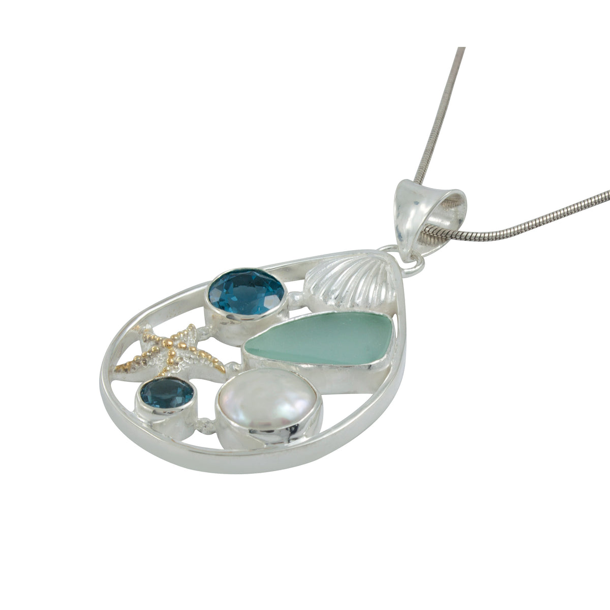 Stunning Sealife pendant with blue Topaz and pearl - truly unique