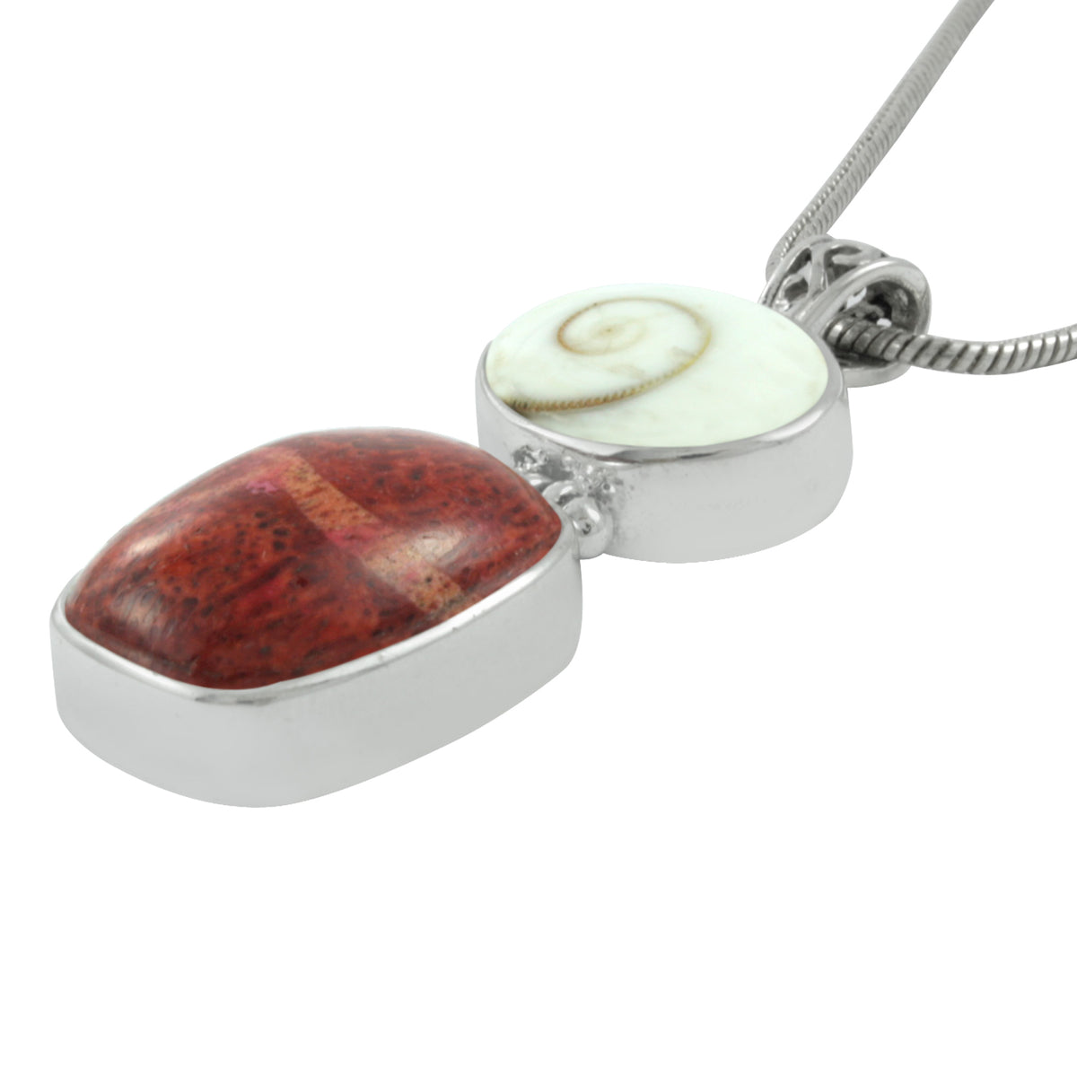 Silver Pendant with  Round Shell piral &amp; Rectangle Coral