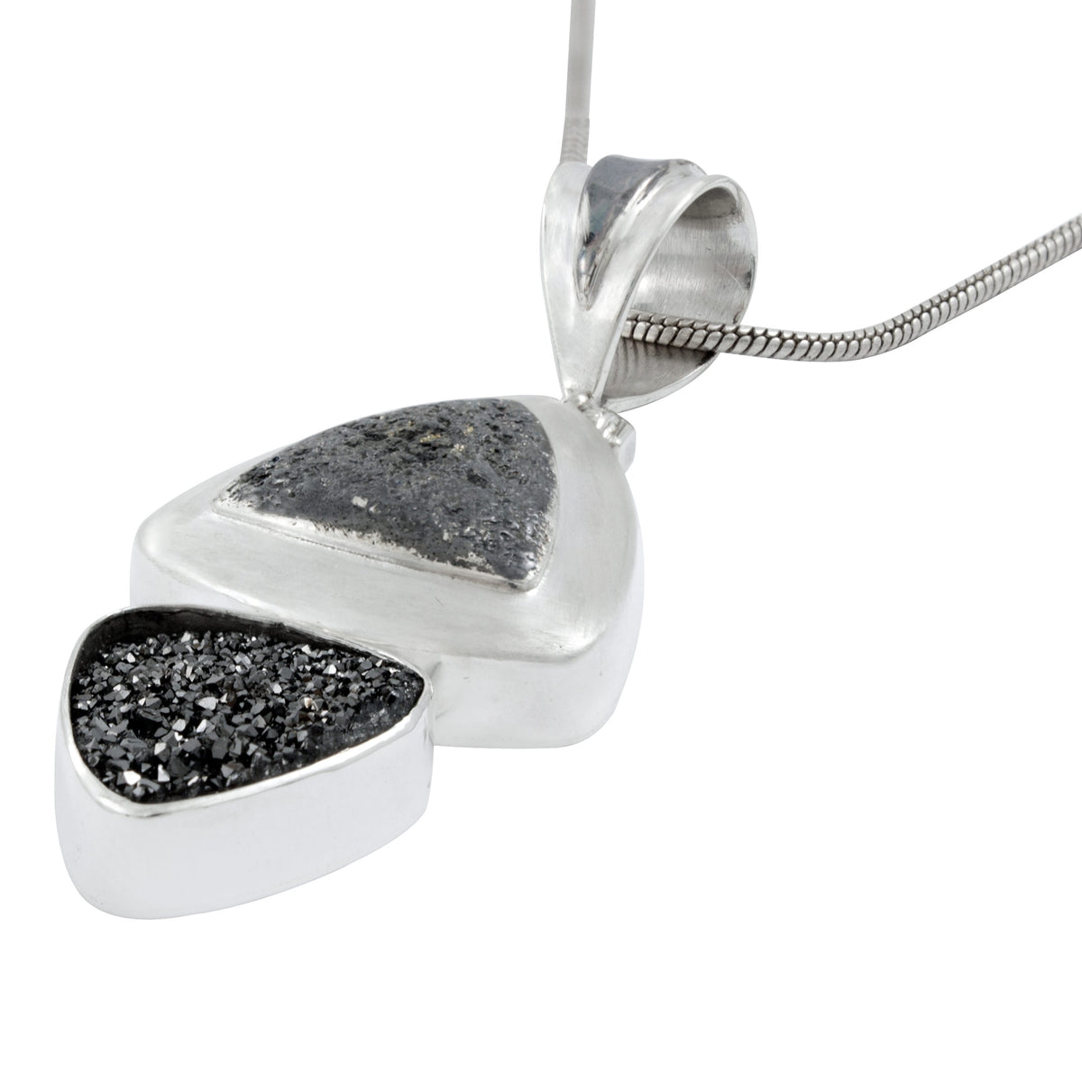 Silver Pendant Texture Component With Druzy Black Knigt Triangle