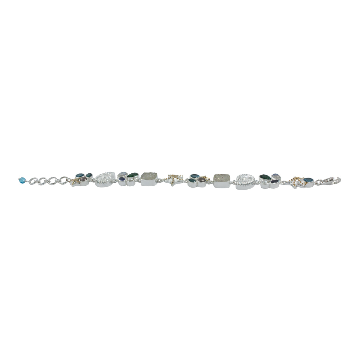 Silver Bracelet With Sea Shell Component And Multi Stone