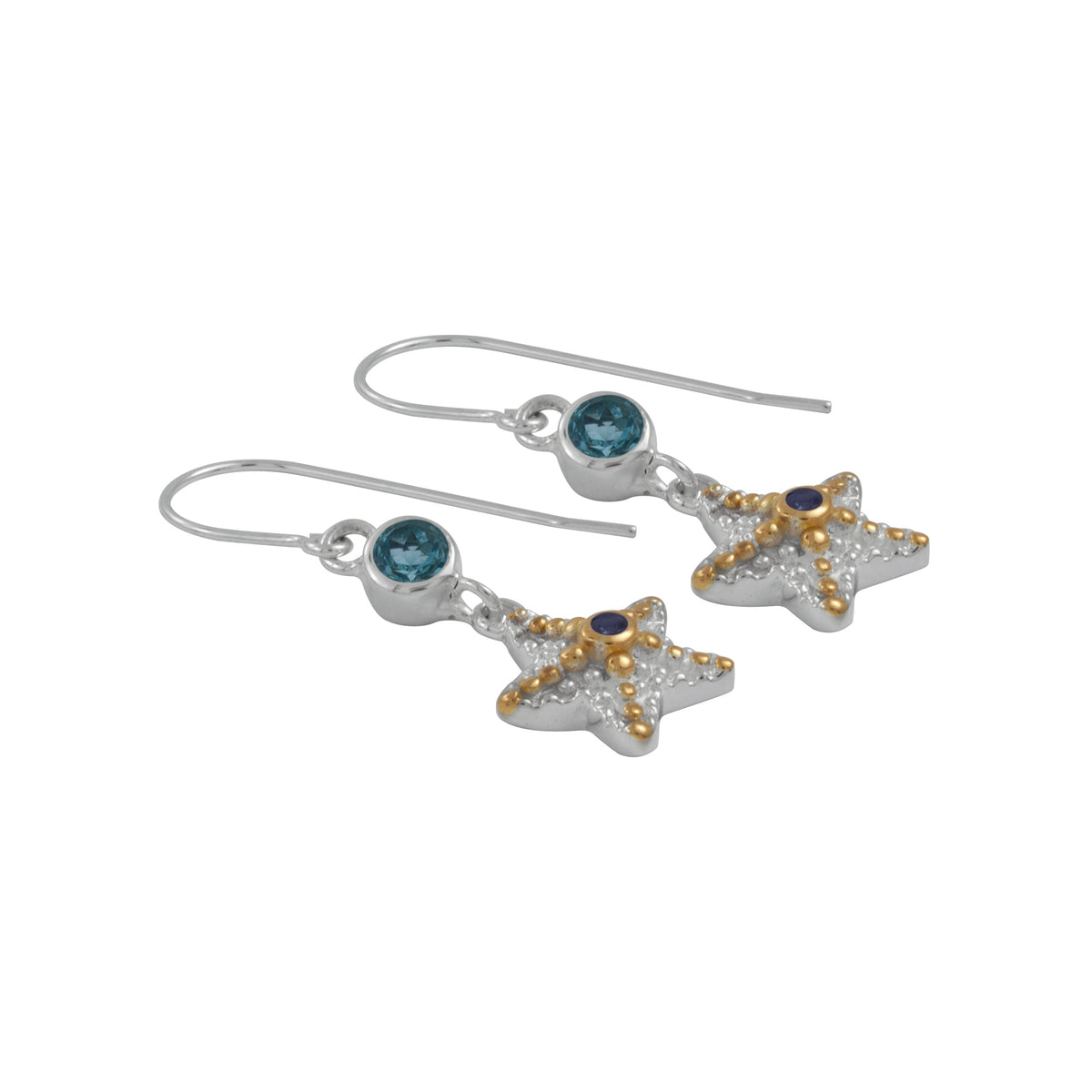 Adorable Starfish  Earring with blue topaz iolite and gold accents