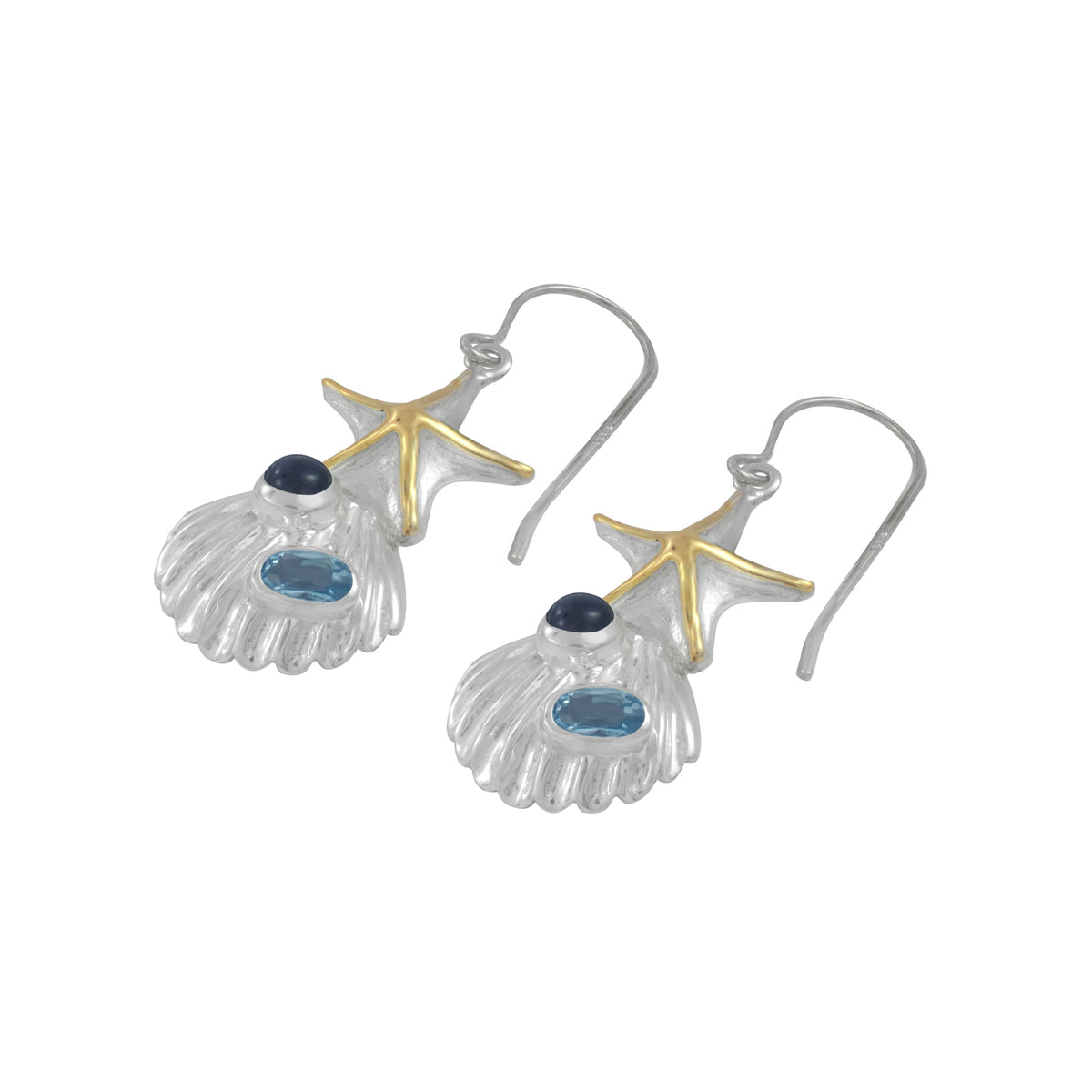 Silver Earring Sea Shell Component With Blue Topaz Oval And Iolite Round