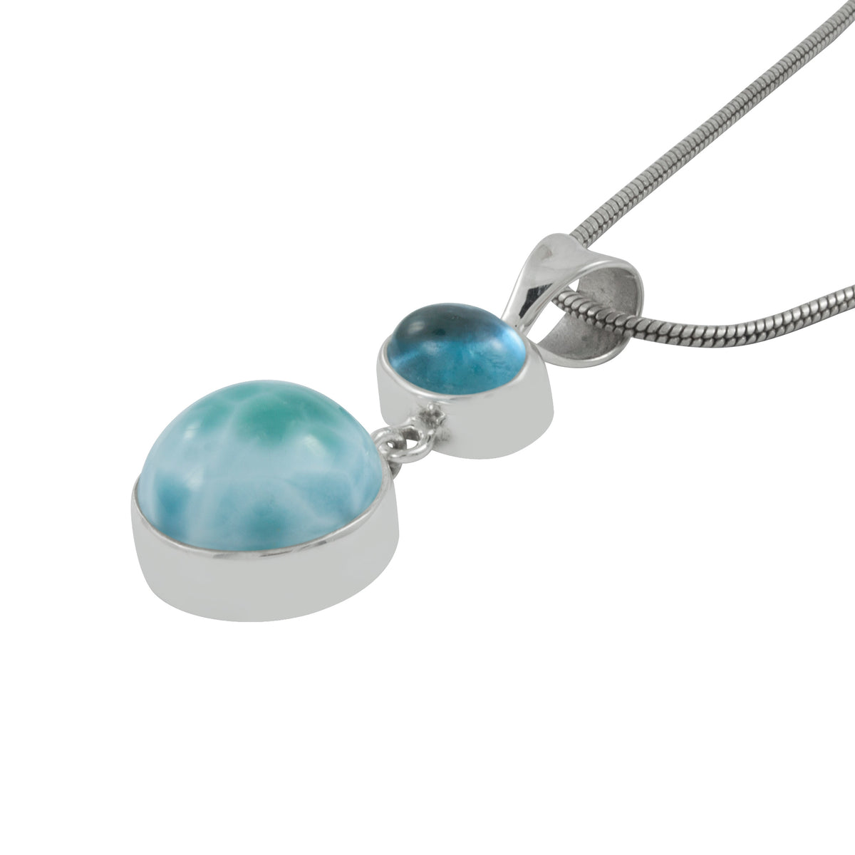 Silver Pendant With Blue Topaz Oval Cab &amp; Larimar Drop