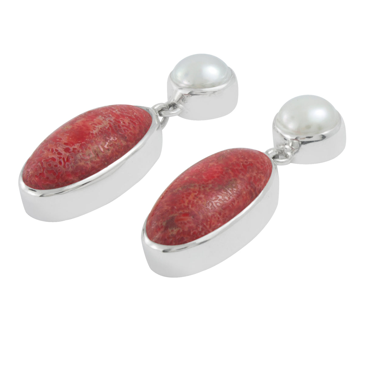 Silver Earring With Pearl Round &amp; Sponge Coral Oval Drop