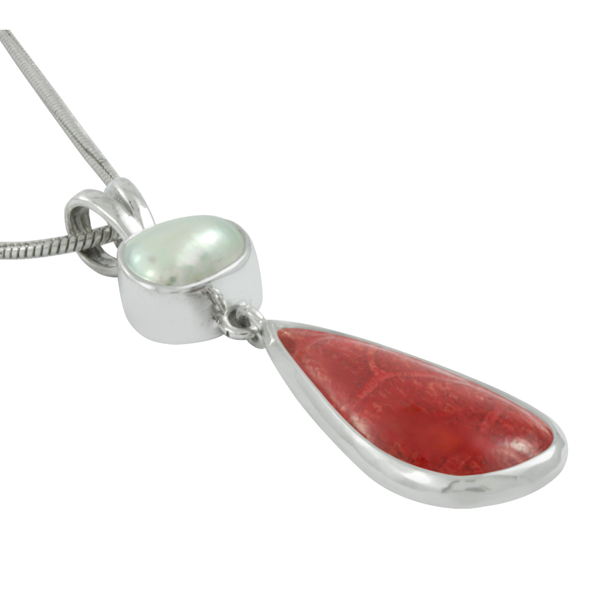 Silver Pendant With  Pearl &amp; Sponge Coral Tear Drop