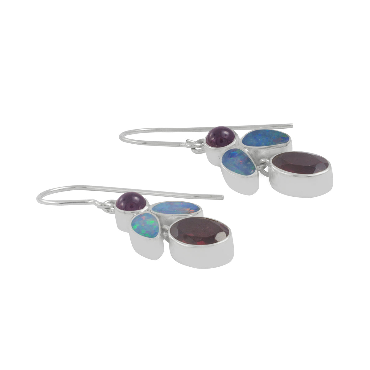 Silver Earring With Opal Flower Shape And Rhodolite Garnet Drop