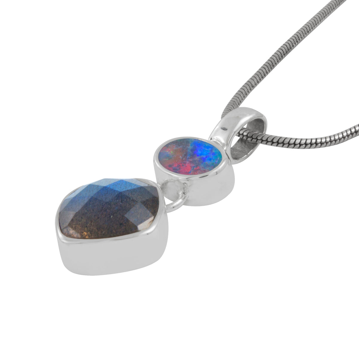 Silver Pendant With Opal &amp; Labradorite Square Cush Checker Drop
