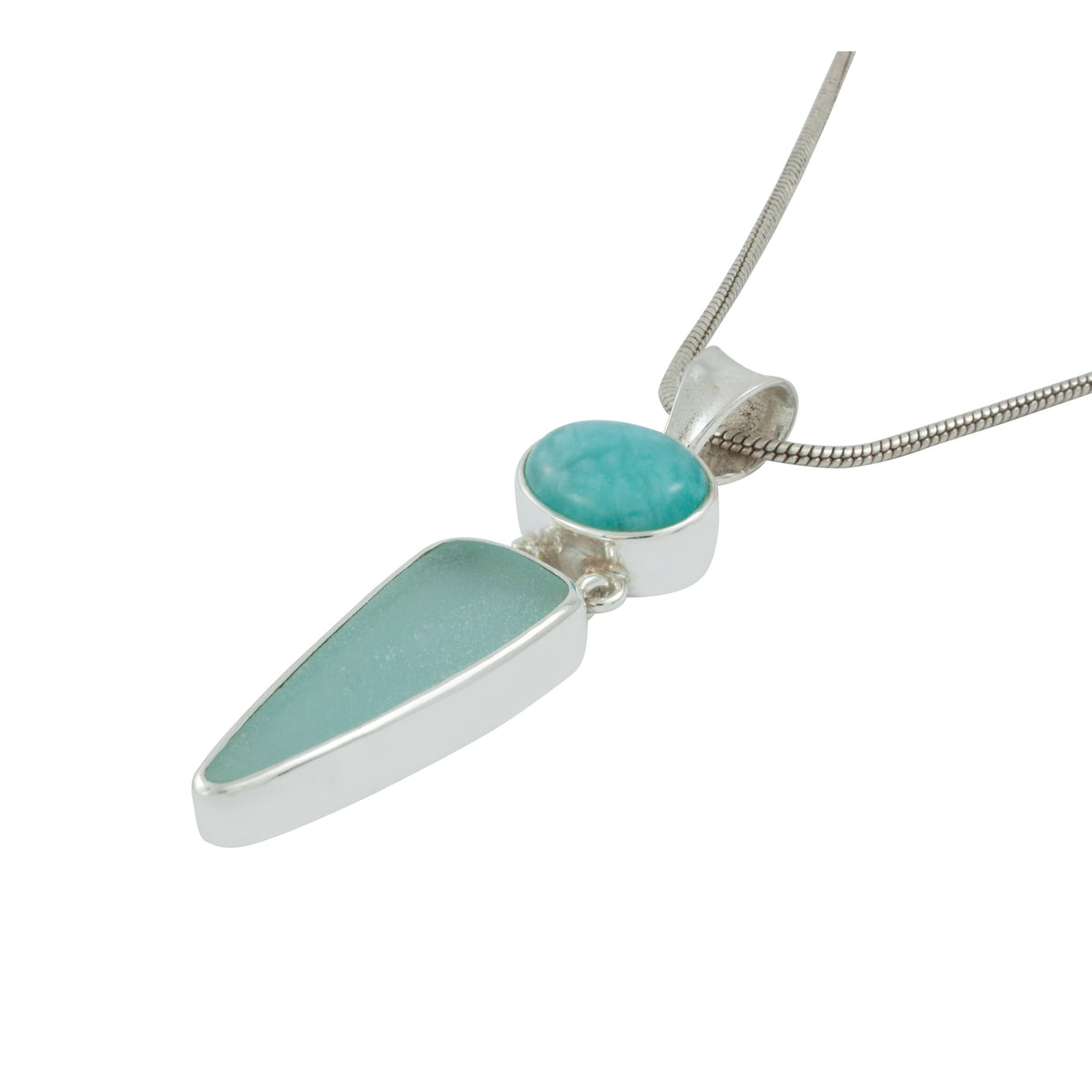 Silver Pendant With Amozonite Oval &amp; Sea Glass Aqua Drop