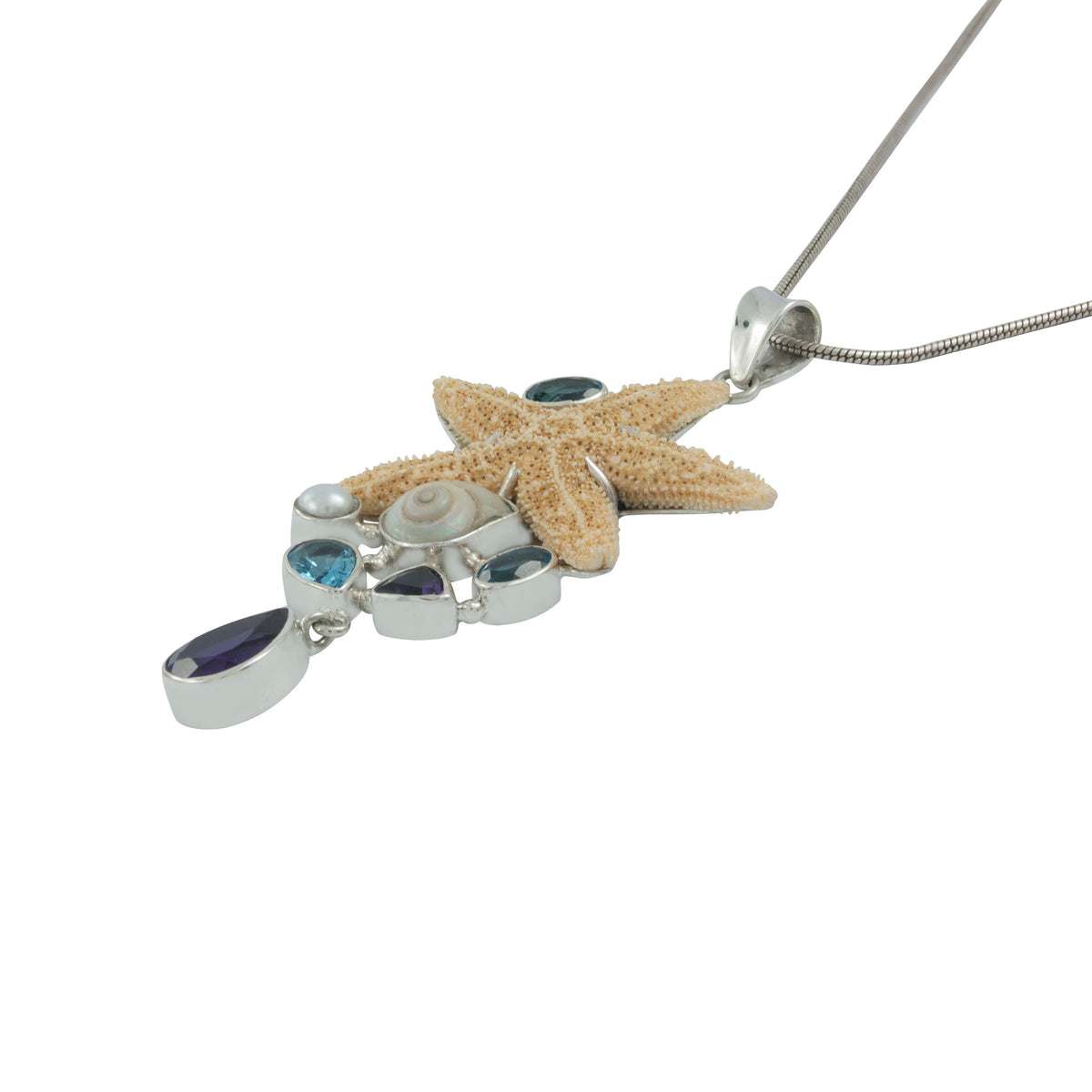 Silver Pendant With Star Fish, Blue Topaz Oval Facet, Shell Malabar Turbos, Pearl, Amethyst