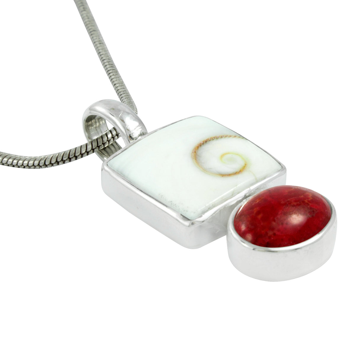 Silver Pendant With Shell Spiral Square &amp; Coral Oval Stone