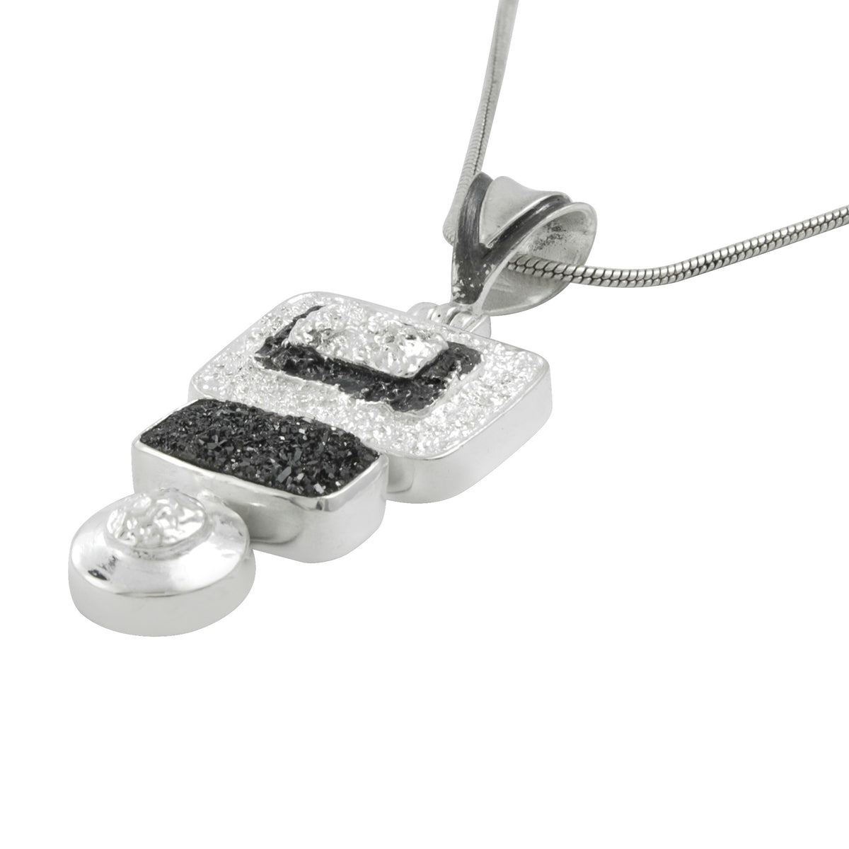 Silver Pendant Texture Component With Druzy Black Knight Rectangle Cushion