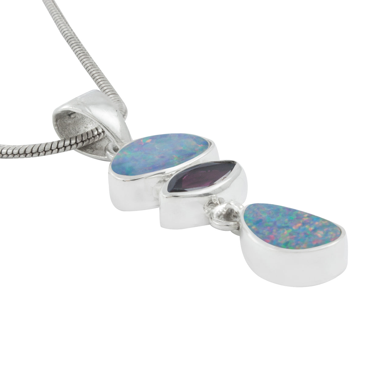 Silver Pendant 3 Stones With Opal Free Form &amp; Rhodolite Garnet Marquise