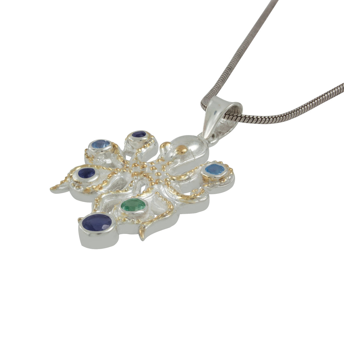 Silver Octopus Pendant with Multi Colored Gem Stones