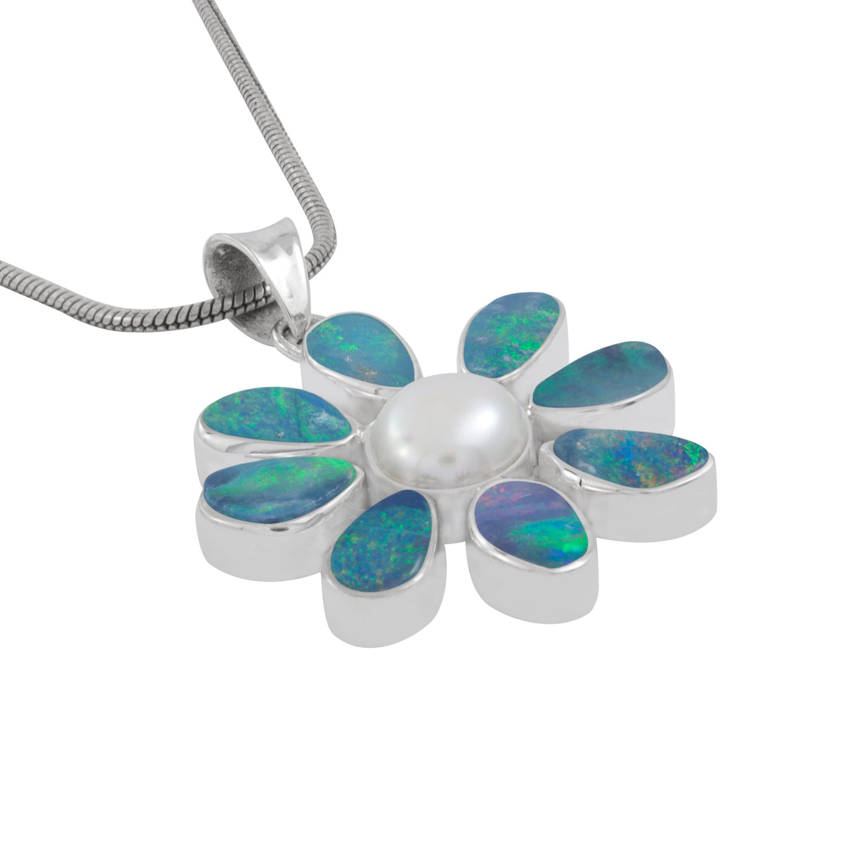 Silver Flower Pendant With Opal Free Form &amp; Pearl