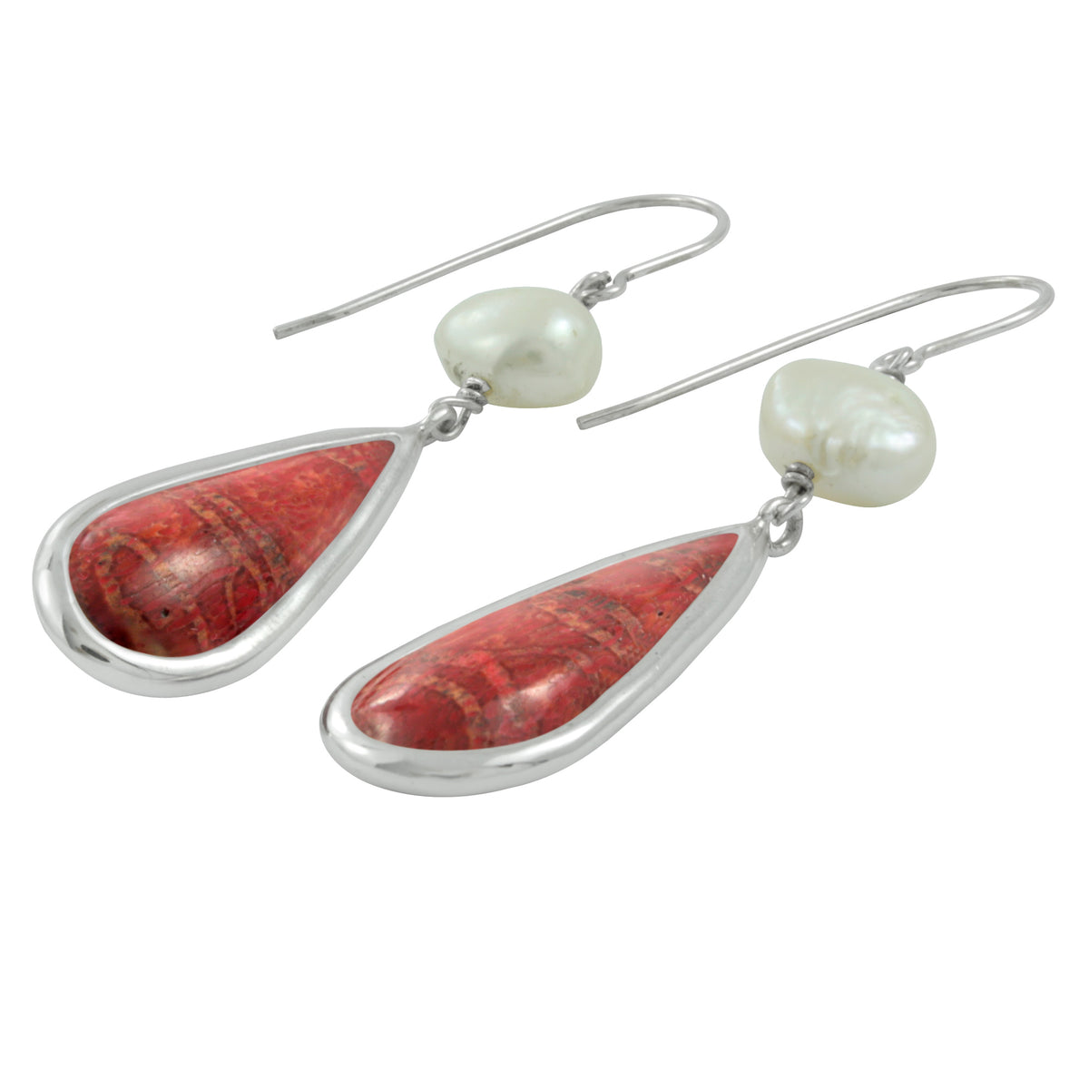 Silver Earring With Pearl &amp; Sponge Coral Tear Drop