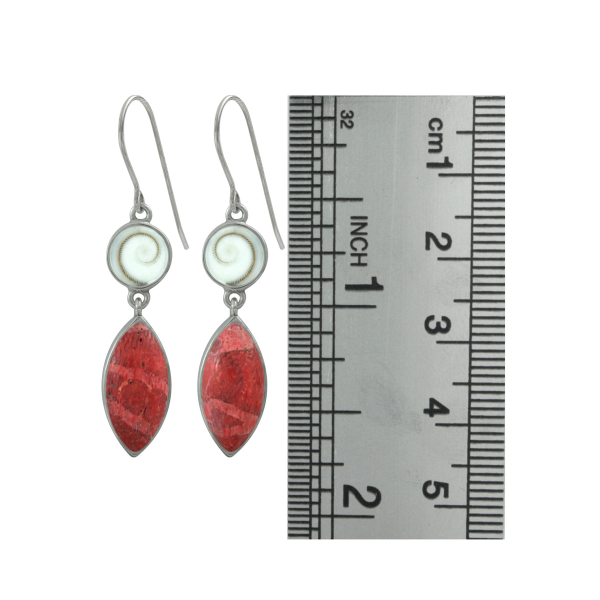 Silver Earring With Shelll Spiral &amp; Shell Sponge Coral