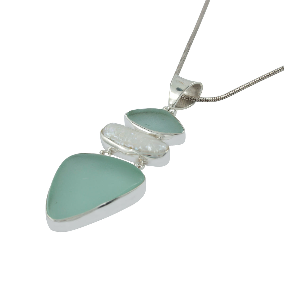 Exquisite Aqua Sea Glass Pendant with Biwa Pearl