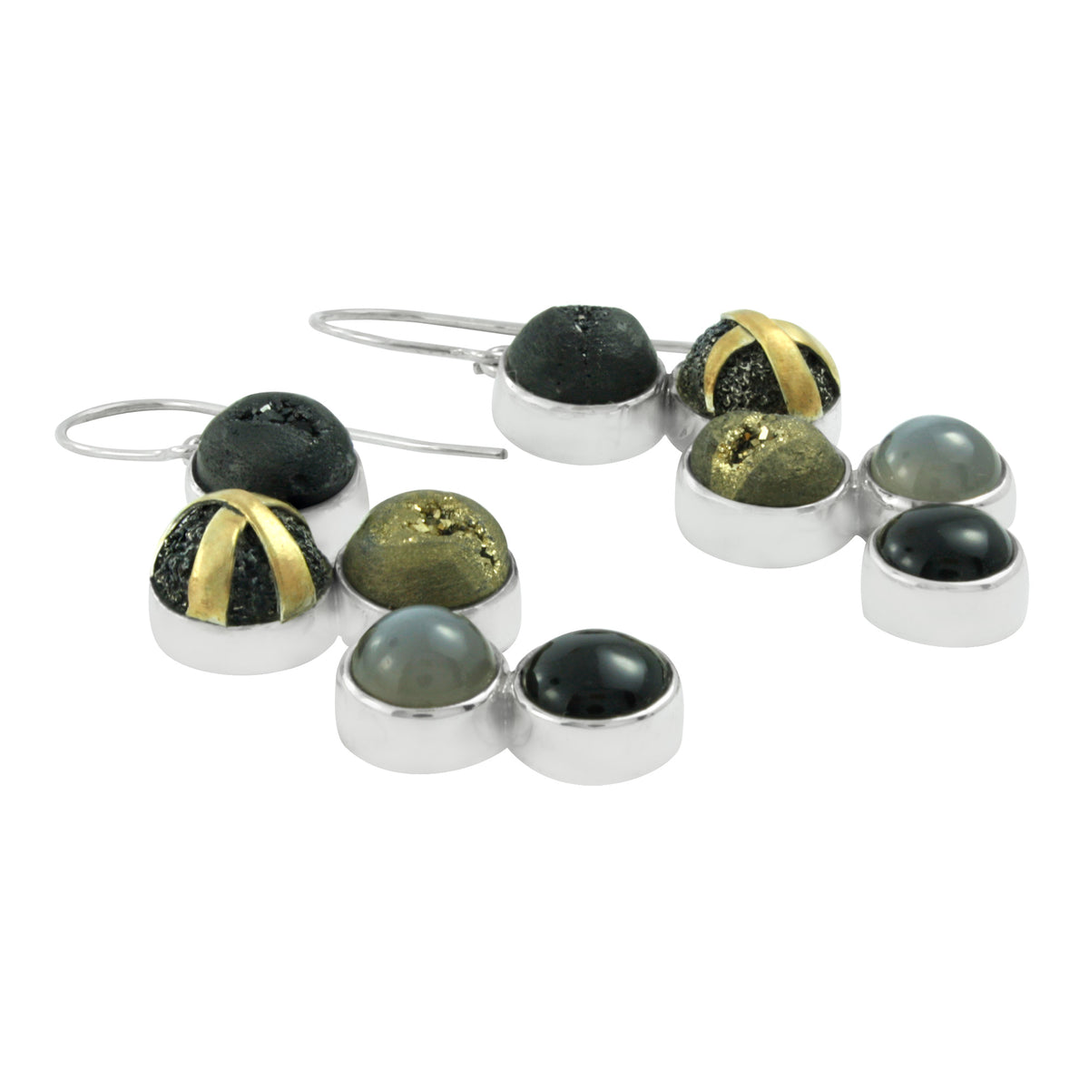 Geometric Earring with Druze Onyx &amp; Grey Moonstone