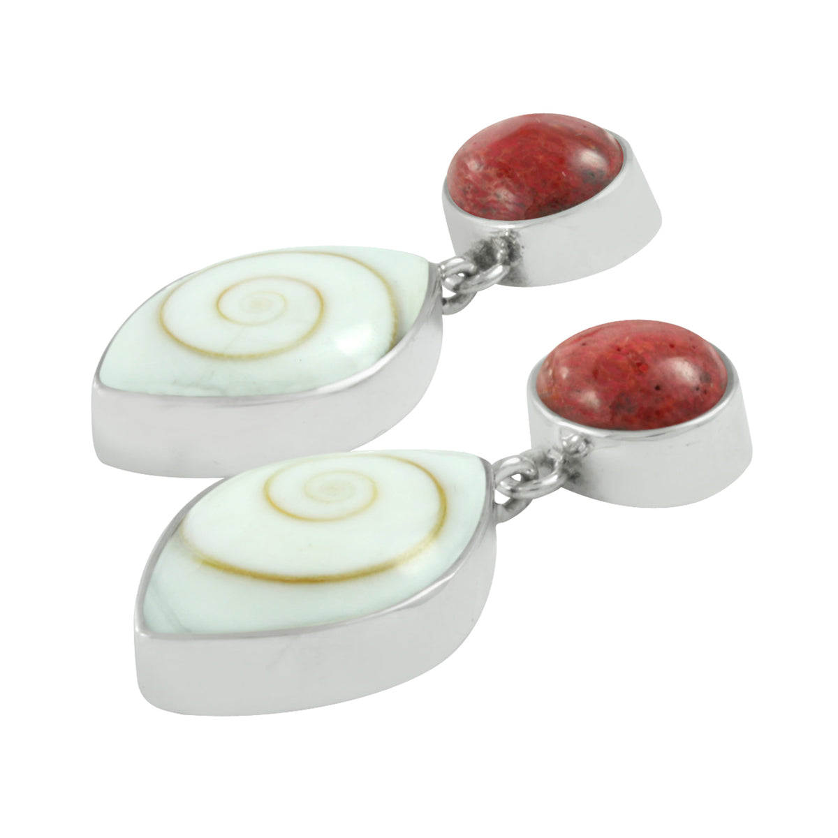 Silver Earring With Sponge Coral &amp; Spiral Shell Kite