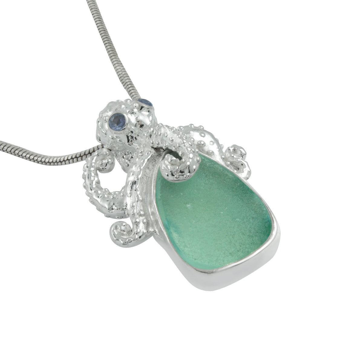 Precious Octopus and  Aqua Sea Glass Silver Pendant - A true Treasure from the Sea!