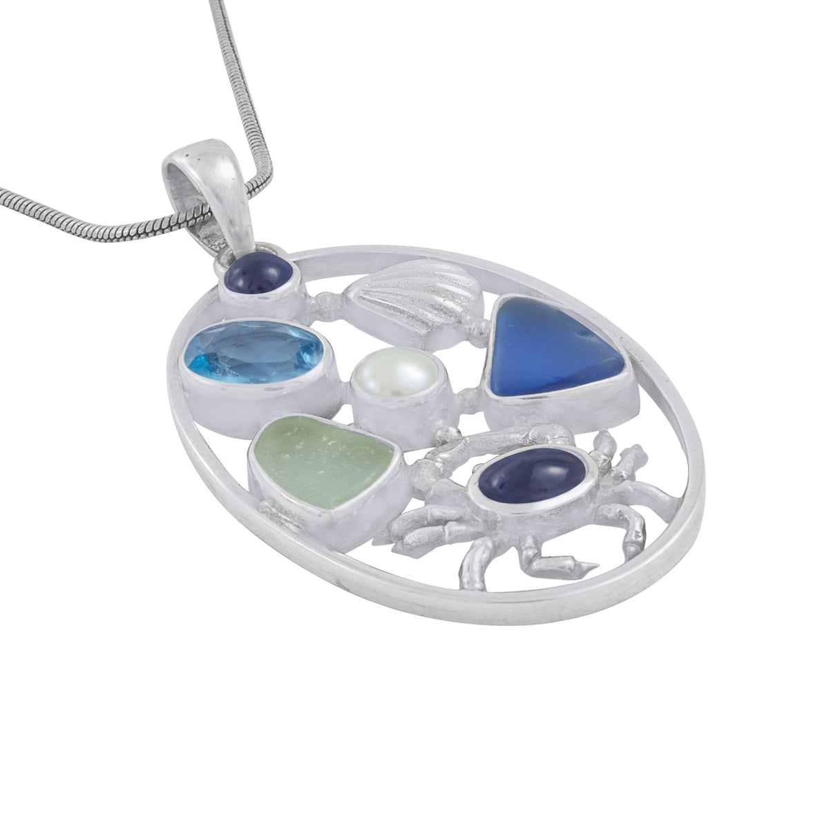 Silver Sea Life Pendant- a story of a little crab wearing a blue sweater, playing with a sea shell ,a pearl &amp; 2 pieces of sea glass