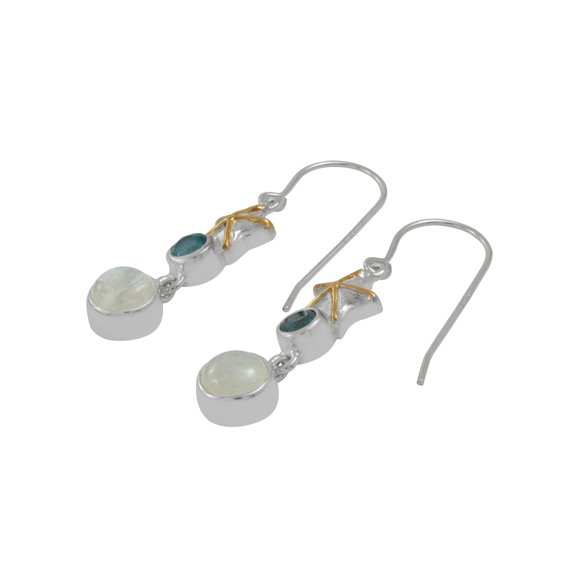Silver Earring With Star Component, Green Topaz Round Facet And RainBow Moon Round Cab
