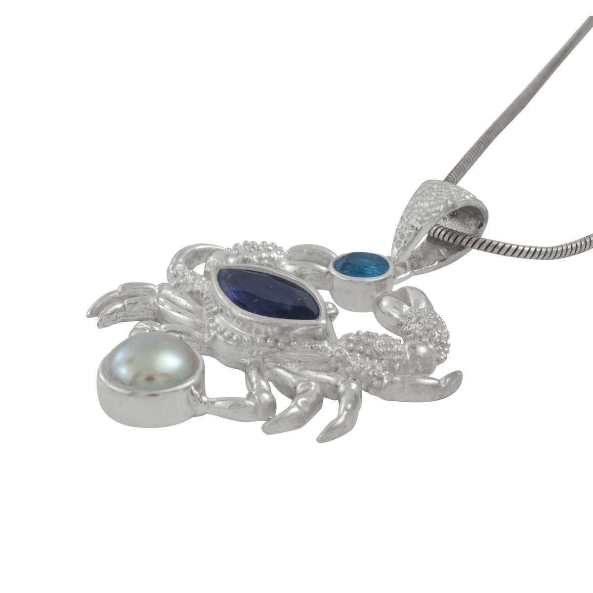 Silver Pendant With Blue Topaz, Iolite, Pearl  With Crab Component