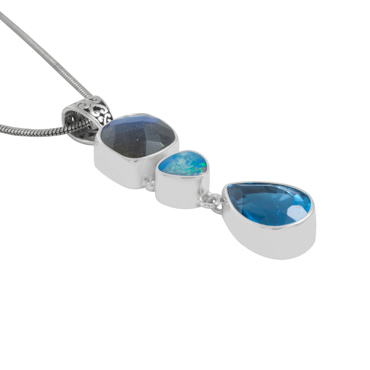 Silver Pendant Eith Labradorite Square, Opal Free Form &amp; Blue Topaz Drop