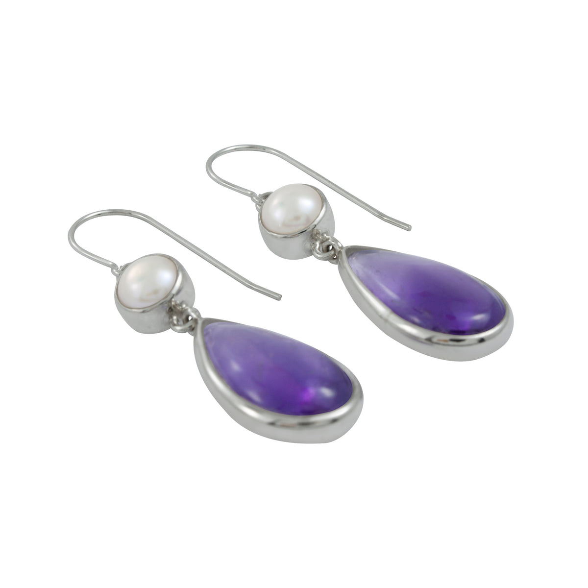 Silver Earring With Pearl &amp; Amethyst cabison Drop