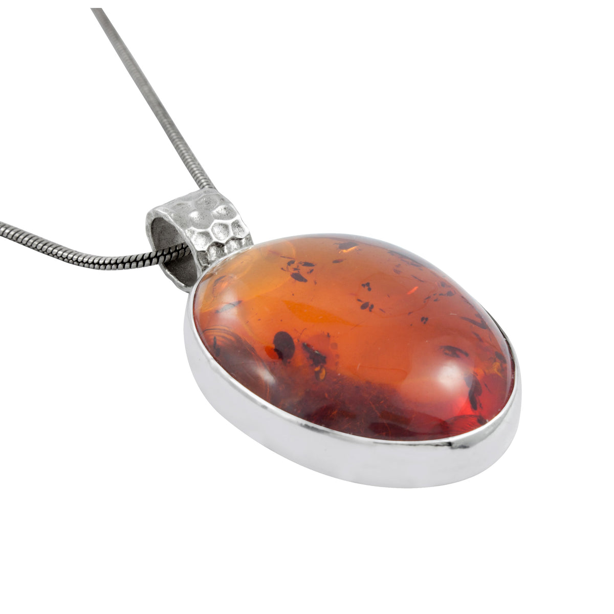 Silver Pendant With Amber Free Form Oval Large Stone
