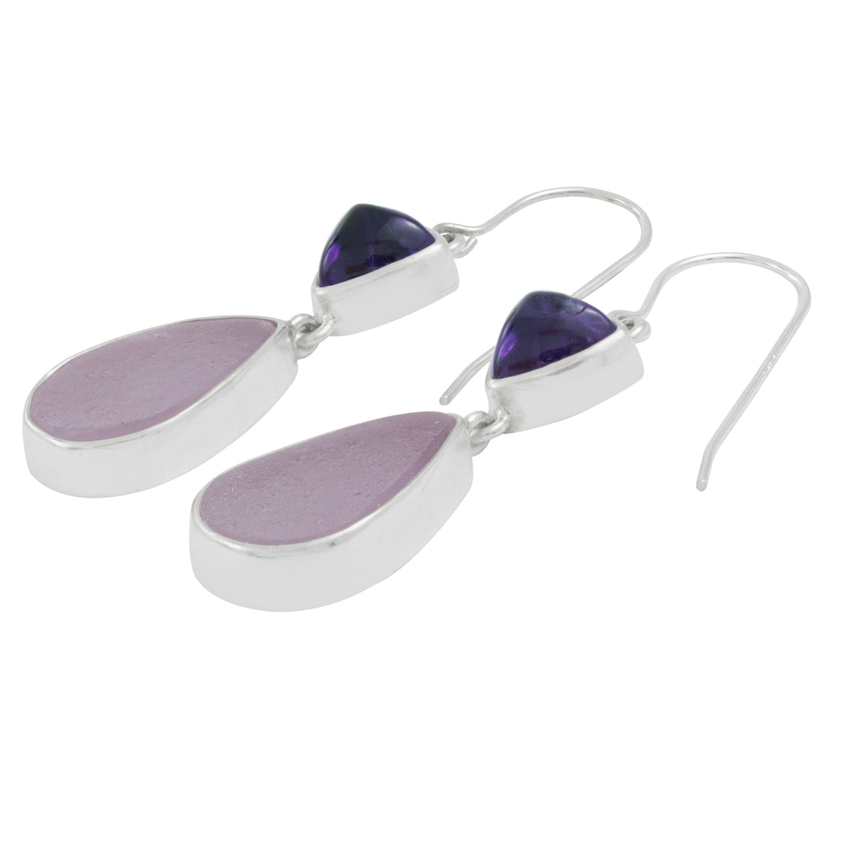 Silver Earring With Amethyst Triangle &amp; Sea Glass Lavender