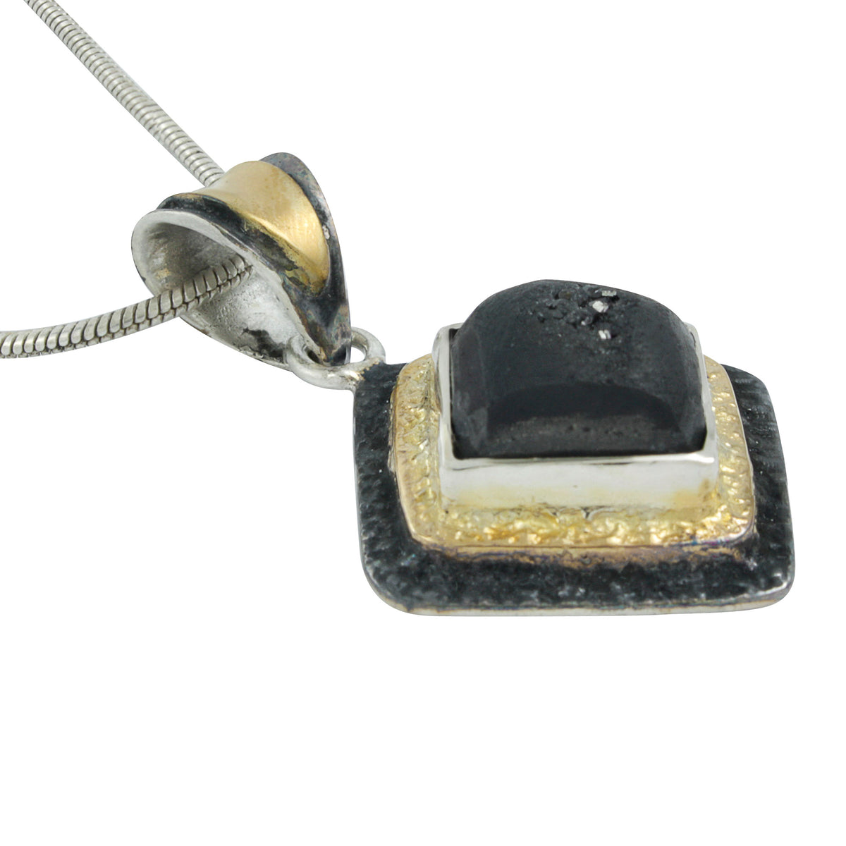 Contemporary, Distinctive Black Druzy Gold &amp; Silver textured Pendant