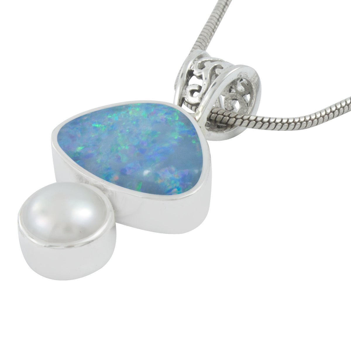Silver Pendant With Opal Free Form &amp; Pearl