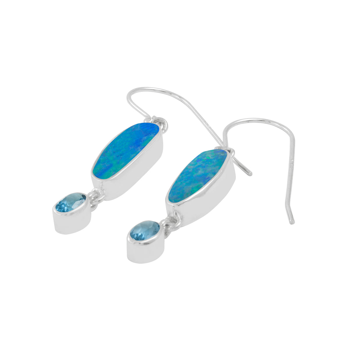 Silver Earring With Opal Free Form &amp; London Blue Oval Facet