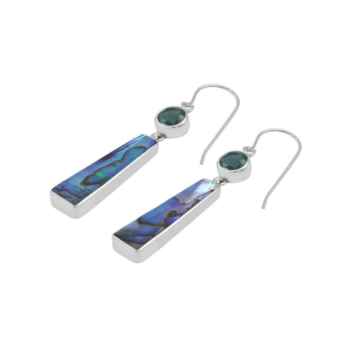 Silver Earring With Green Quartz Rounf Facet With Paua Rectangle Drop