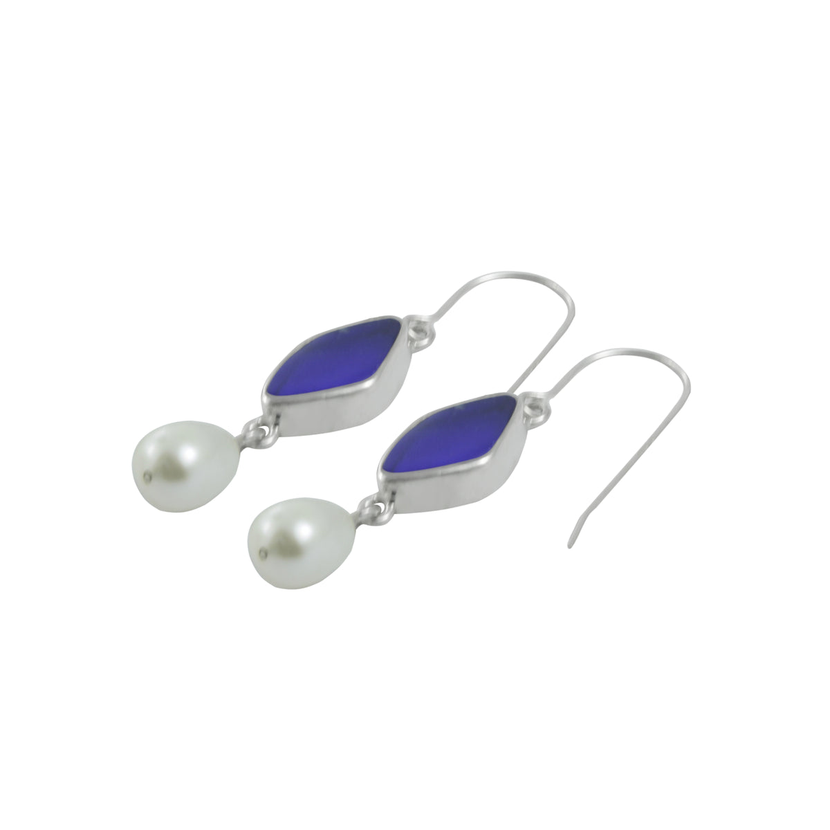 Cobalt Blue Sea Glass Earring With Pearl Drop