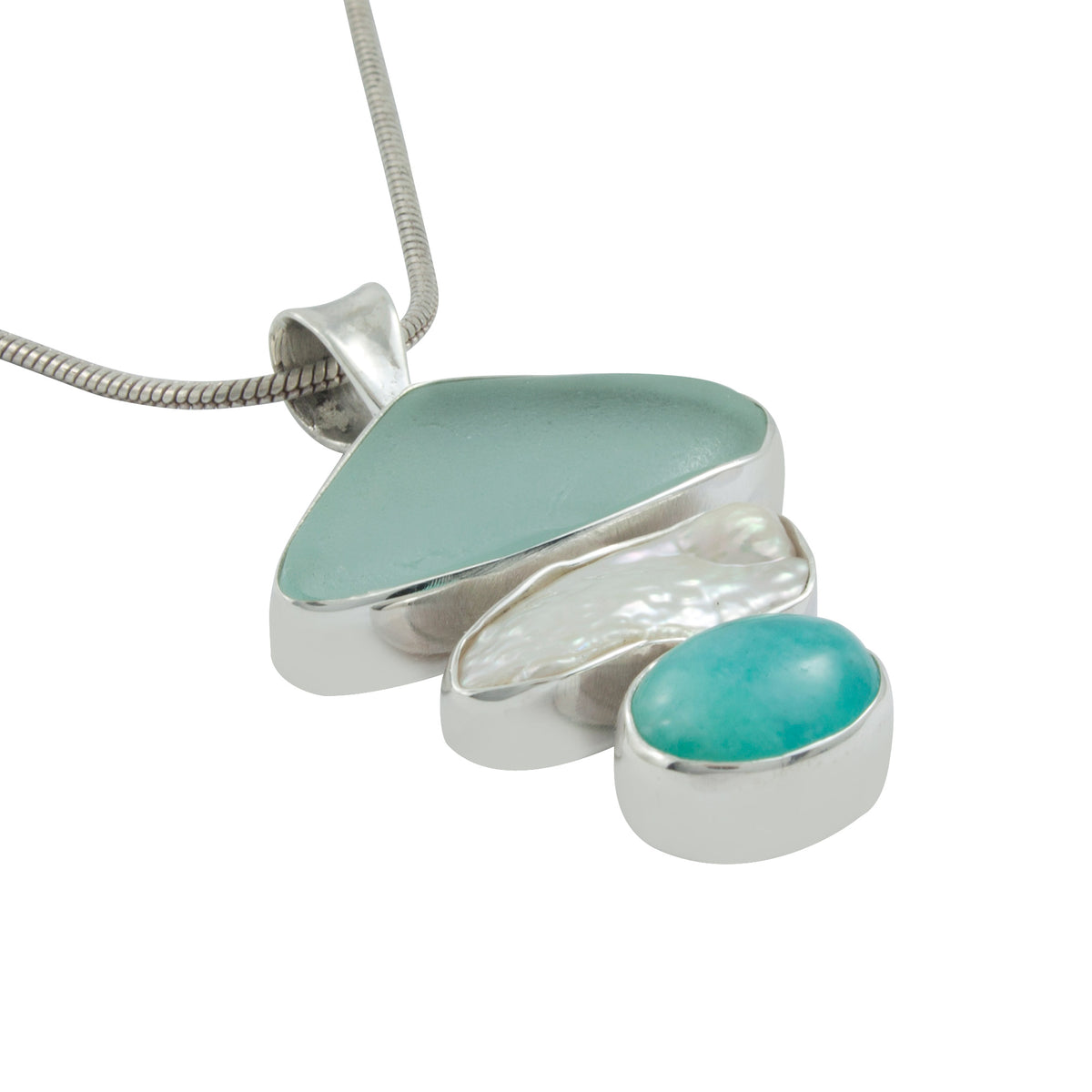 Elegant Seaglass Pendant -Pearl, Amozonite &amp; Aqua Seaglass