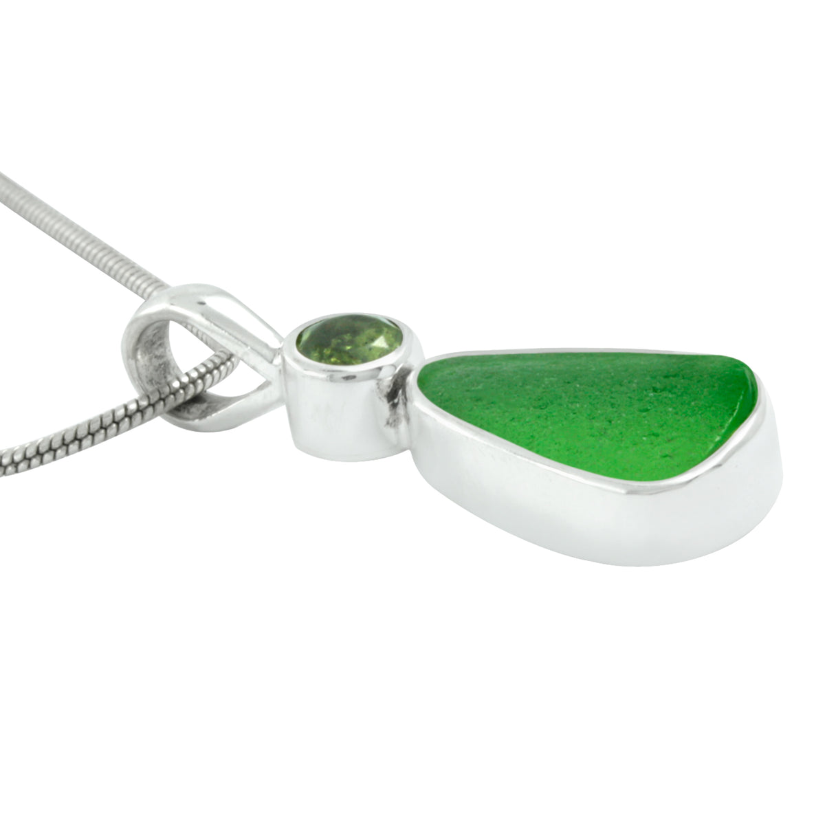 Silver Pendant With Peridot Round Facet &amp; Sea Glass Green