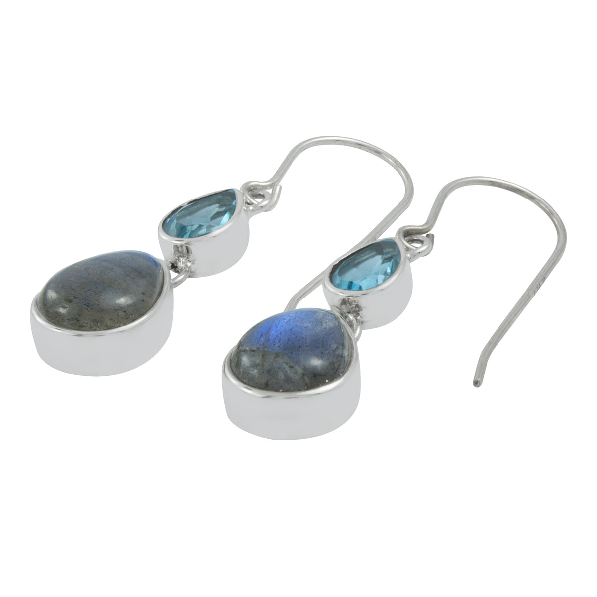 Silver Earring With Blue Topaz &amp; Laboradite Drop