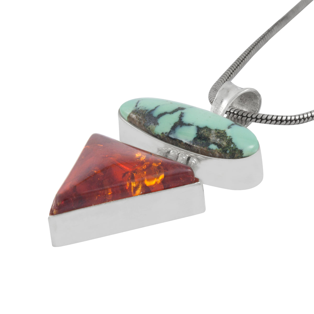 Silver Pendant With Turquoise Long Oval And Triangle Amber