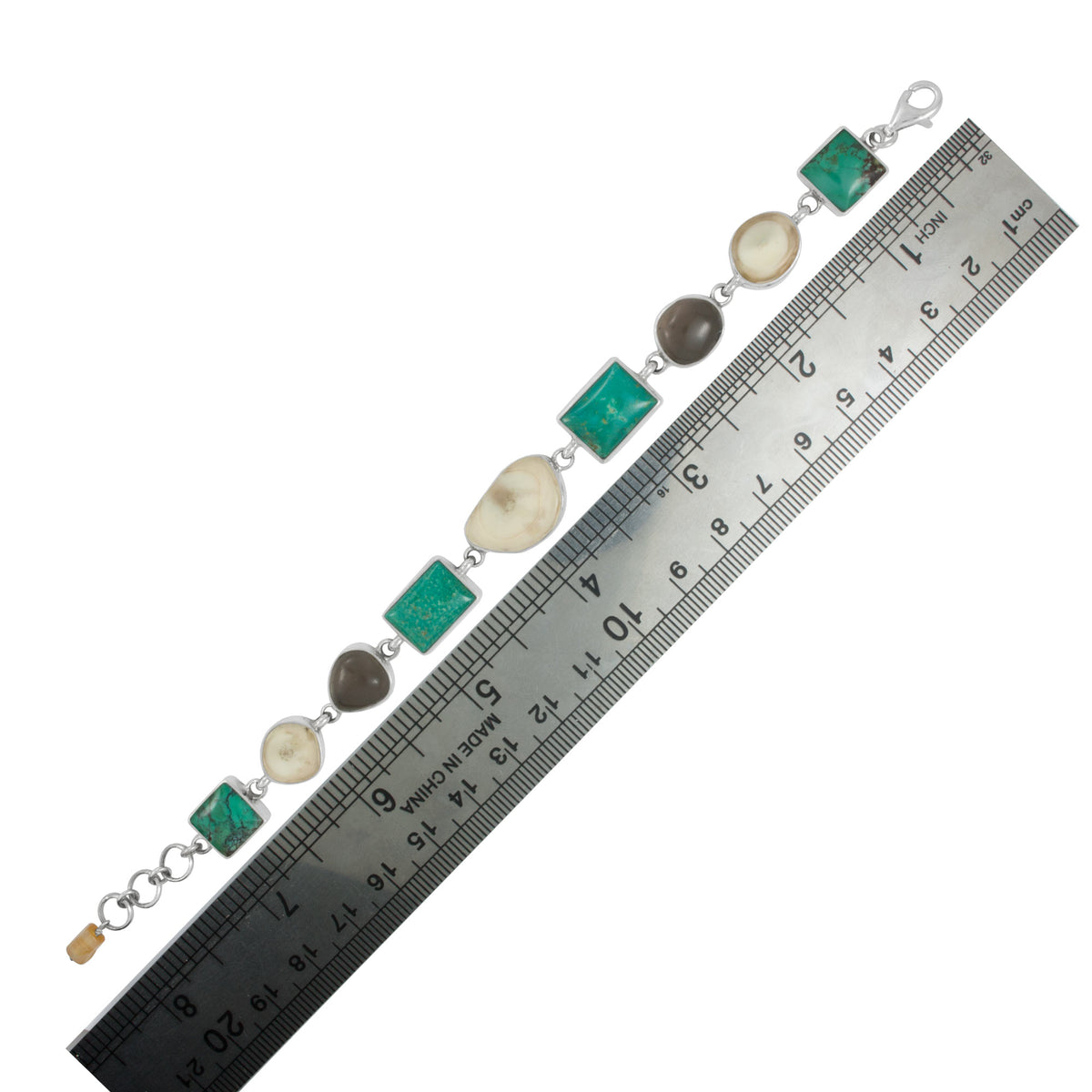 Sterling Silver Bracelet With Fossil Ivory, Turqouise Rect And Square, Smoket Free Form Cab