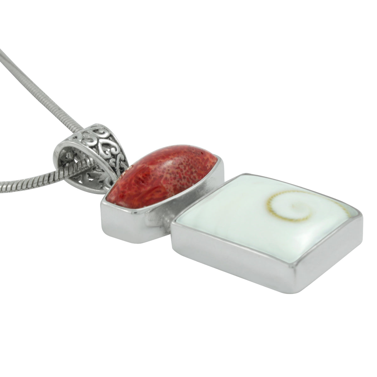 Silver Pendant  With Sponge Coral Rectangle &amp; Spiral Shell