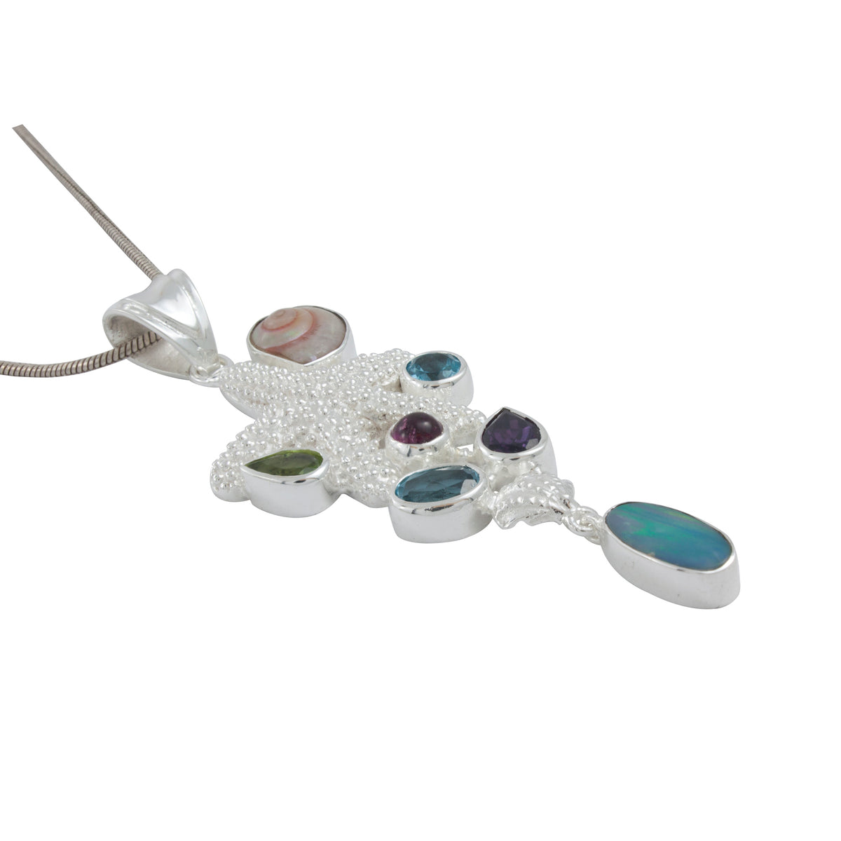 Silver Pendant Star Component With Multi Facet Stone And Opal Drop