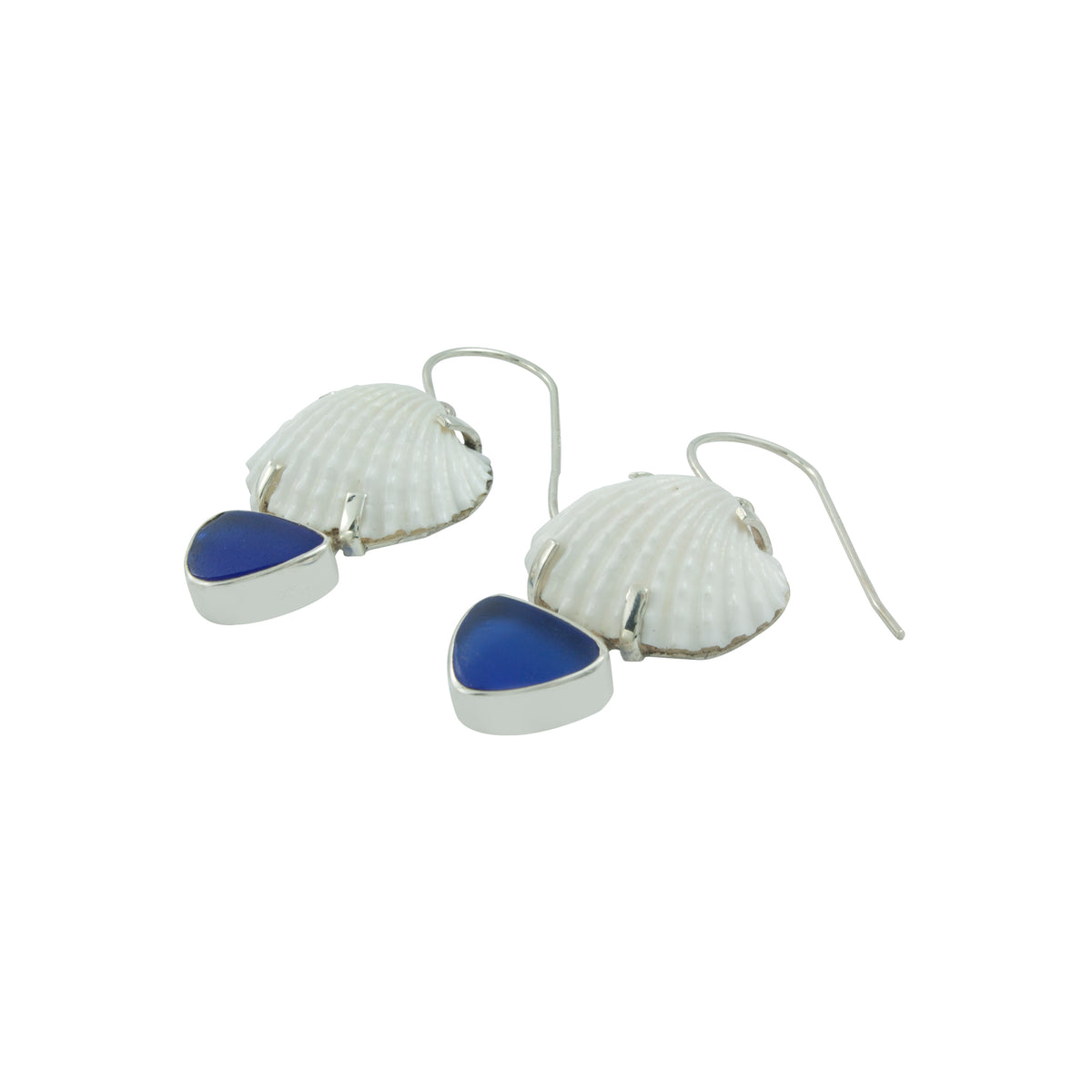 Silver Earring With White Ark Shell &amp; Sea Glass Blue