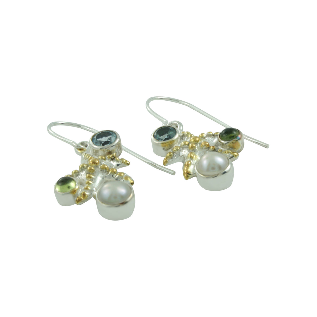 Silver Earring Star Component With Pearl, Blue Topas, Peridot Round And With Gold Accent