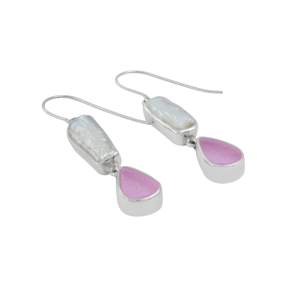 Silver Earring With Pearl Biwa &amp; Sea Glass