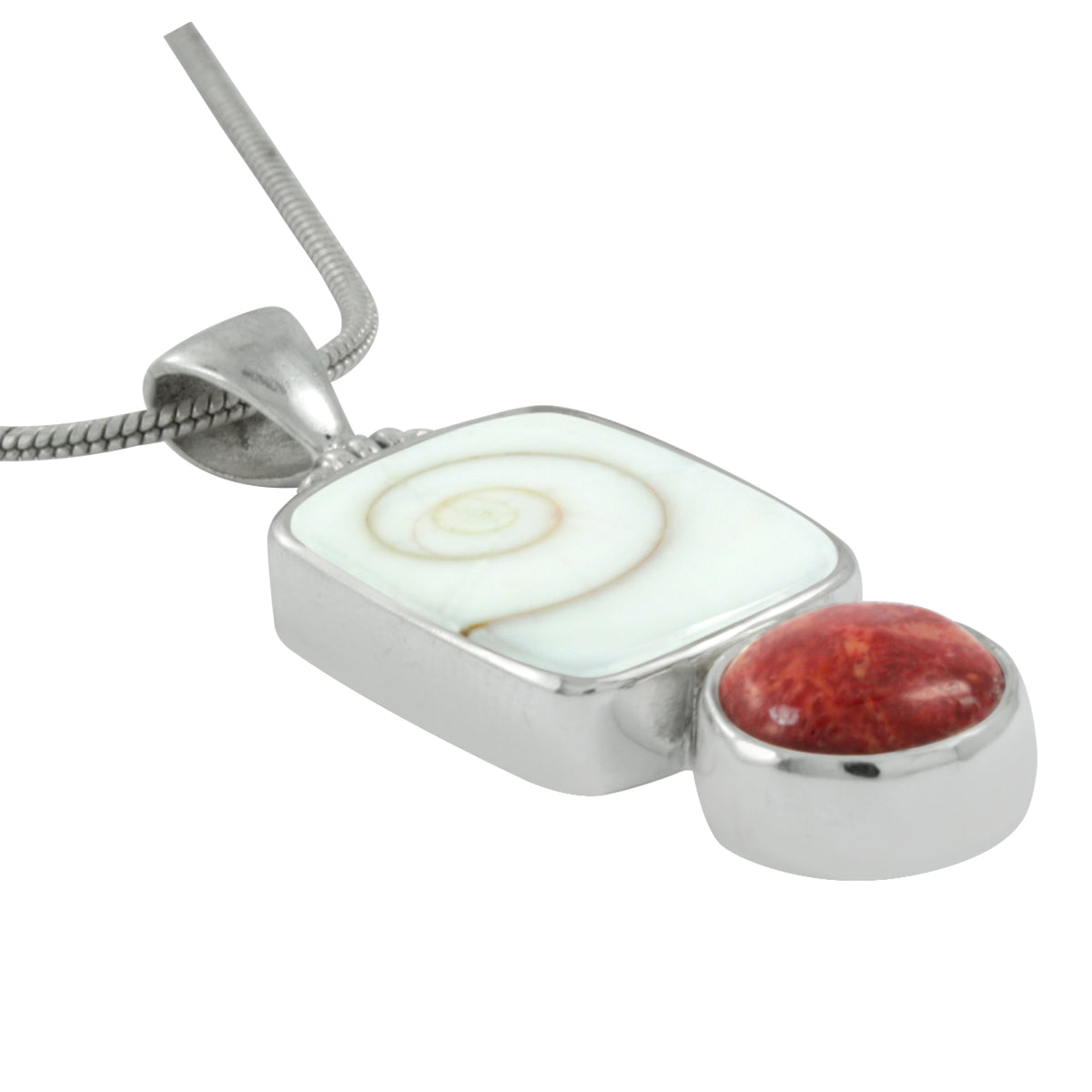 Silver Pendant With Shell Spiral Rectangle &amp; Sponge Coral Round